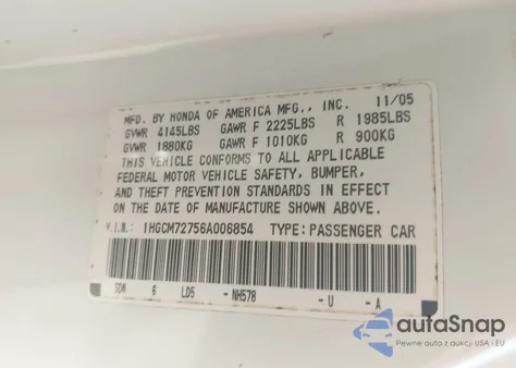 2006 Honda Accord 2.4 Ex из США, поврежденный, VIN 1HGCM72756A006854